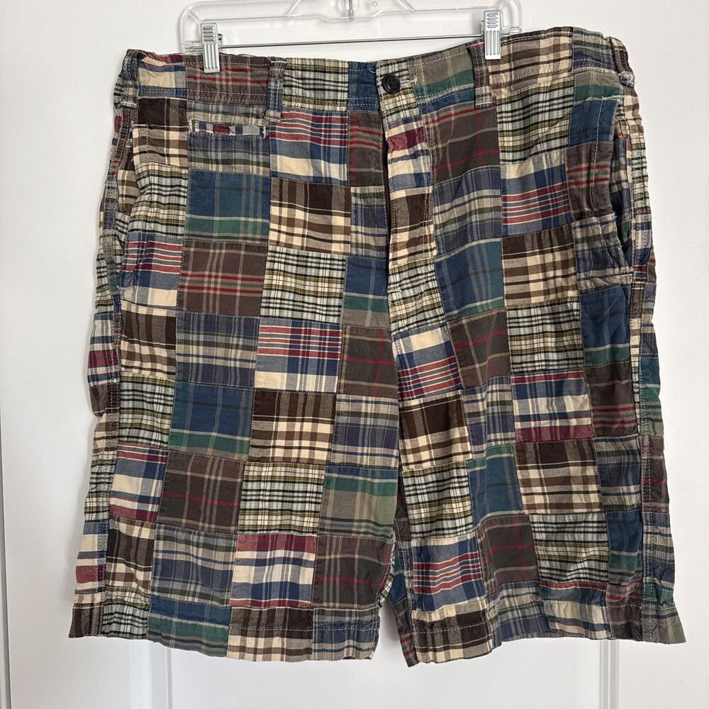 American Eagle Patchwork Madras Plaid Shorts Mens 40 Longer Length Preppy Casual